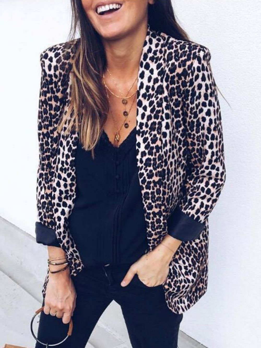 Blazer Feminino De Manga Comprida Enrolada Em Leopardo De Comprimento Médio Regular Casual