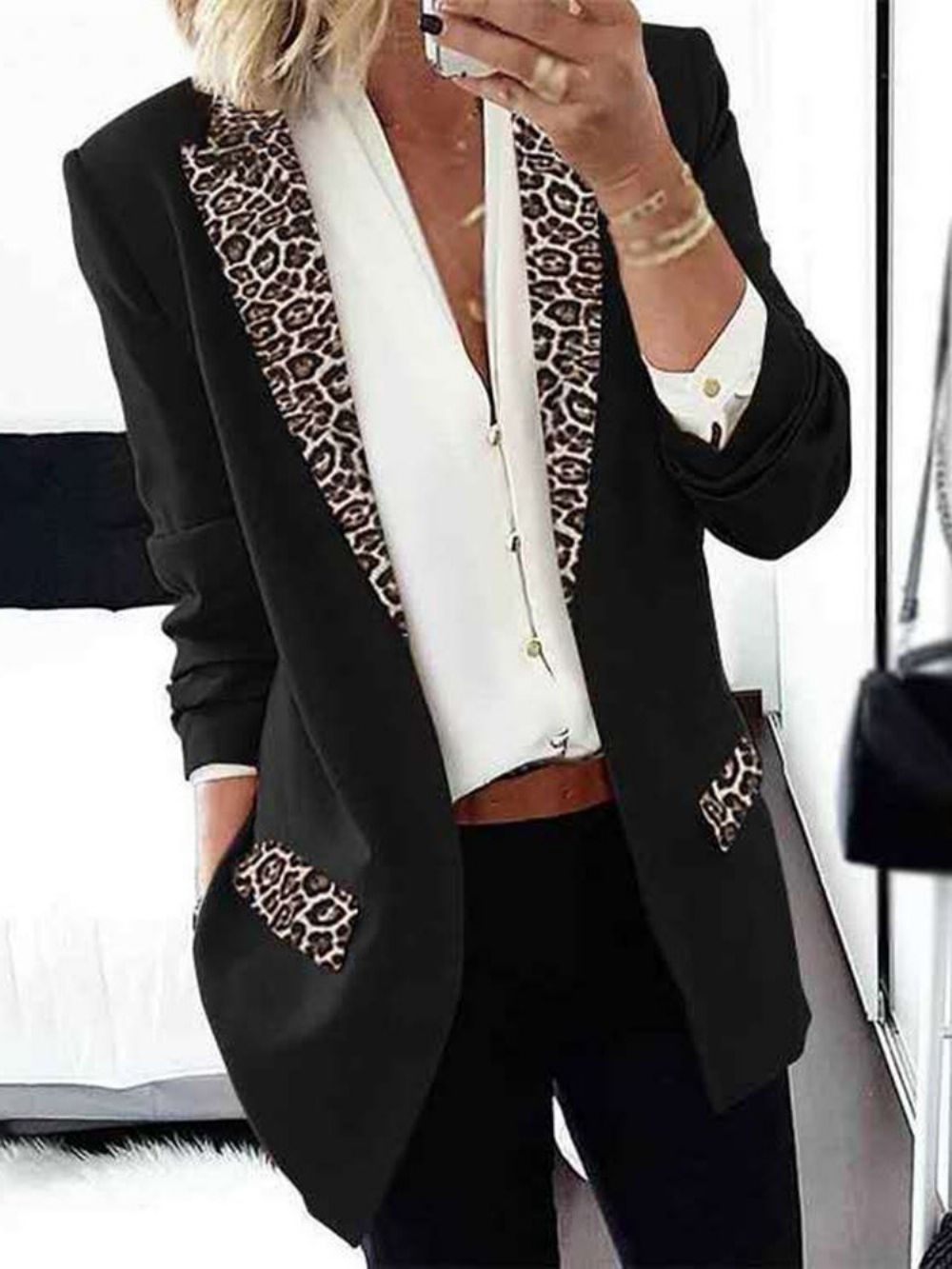 Blazer Feminino De Manga Longa Leopardo Com Lapela E Lapela Feminina