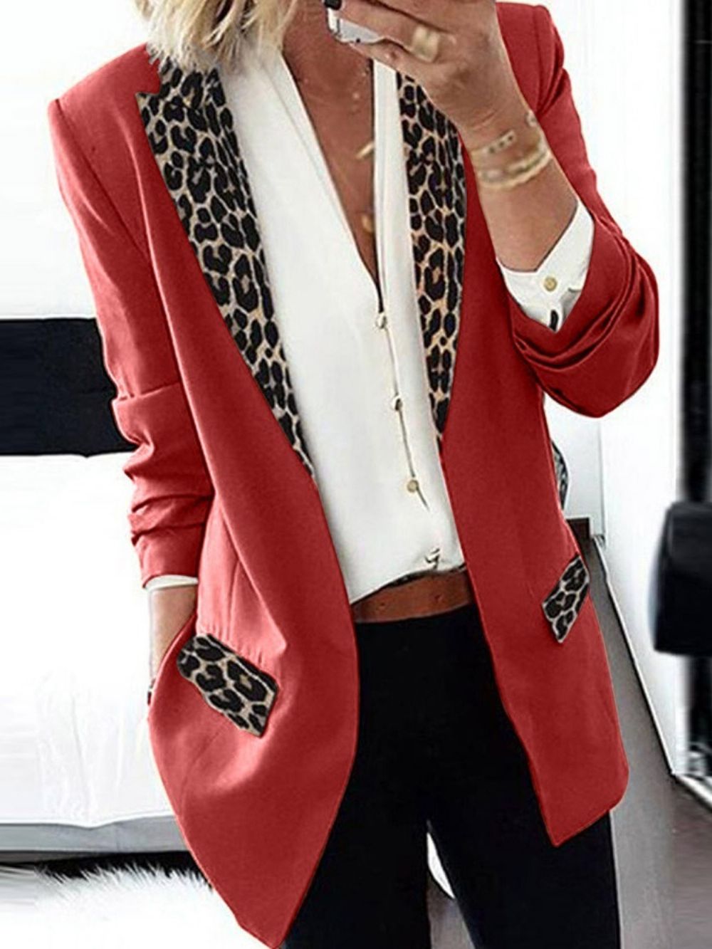 Blazer Feminino De Manga Longa Leopardo Com Lapela E Lapela Feminina