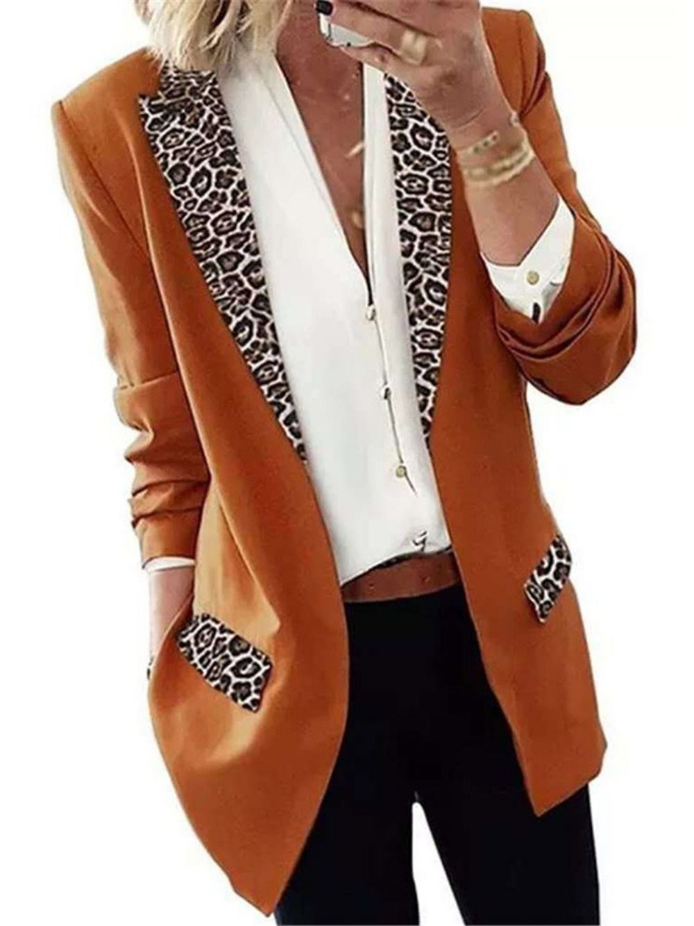 Blazer Feminino De Manga Longa Leopardo Com Lapela E Lapela Feminina