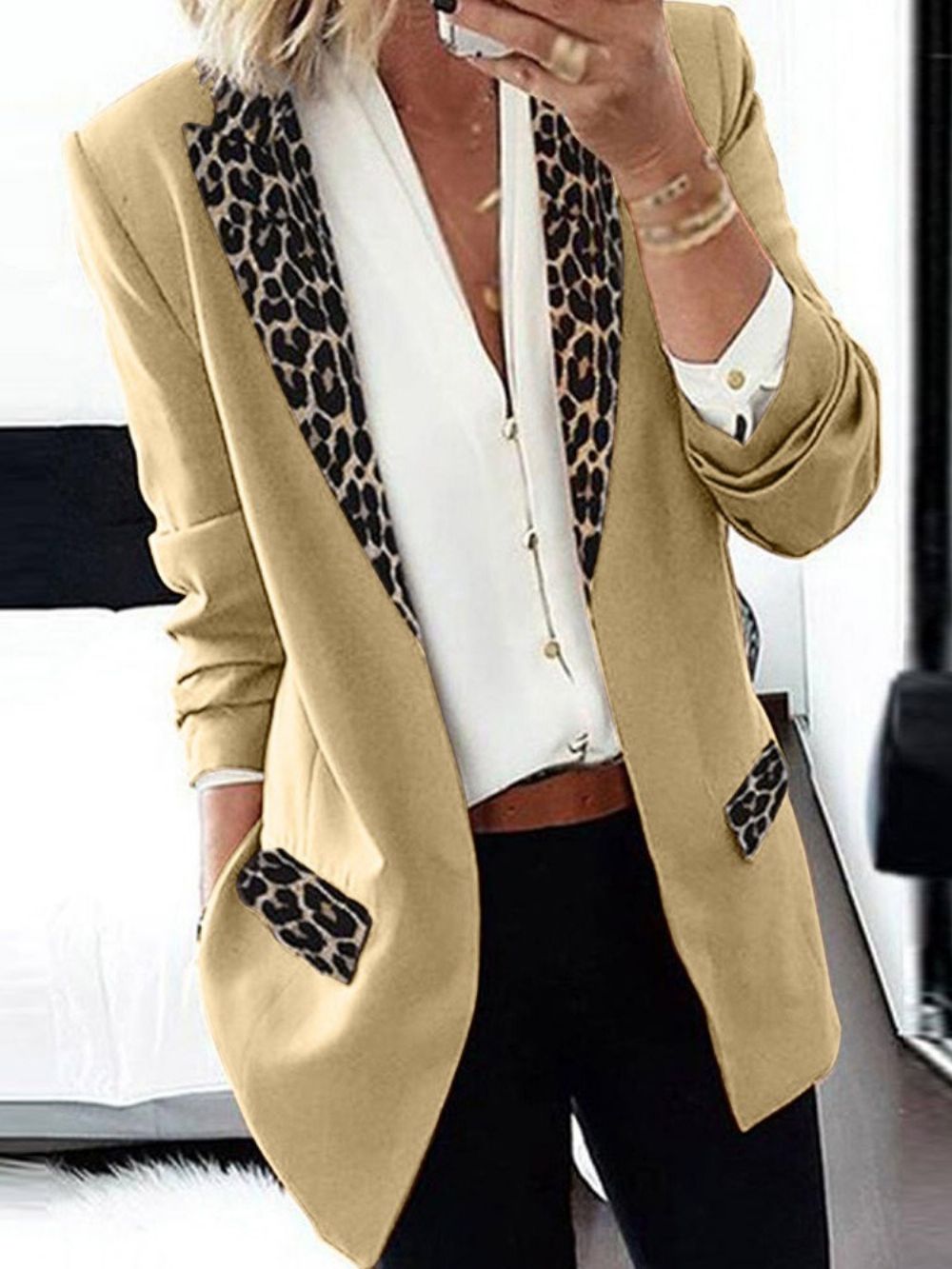 Blazer Feminino De Manga Longa Leopardo Com Lapela E Lapela Feminina