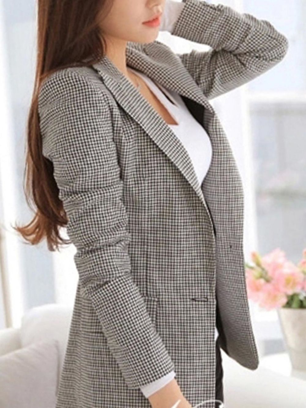 Blazer Houndstooth Feminino Slim Houndstooth Um Botão Feminino Blazer Feminino Houndstooth