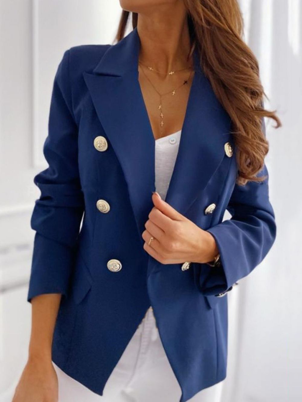 Blazer Lady Office Com Abotoamento Duplo Manga Longa Simples