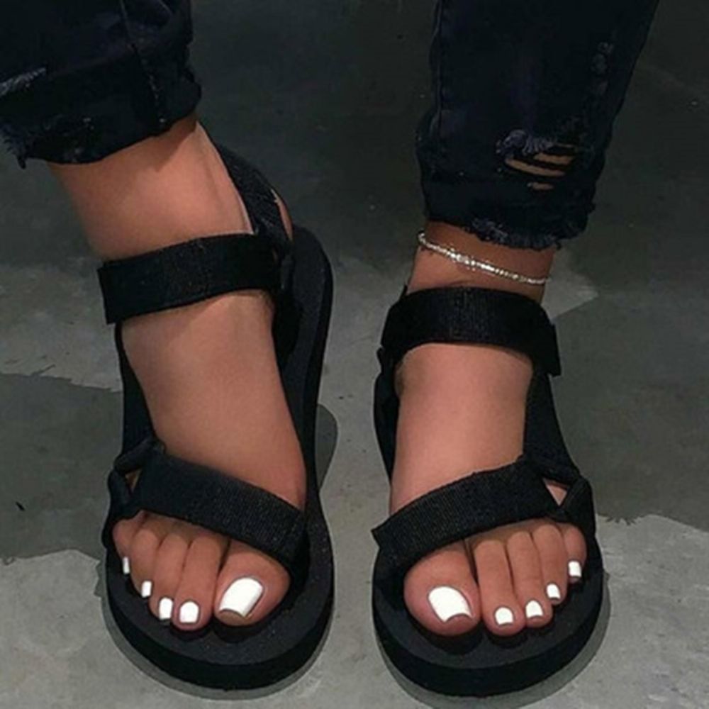 Sandálias Femininas Lisas Com Velcro Bico Redondo E Velcro