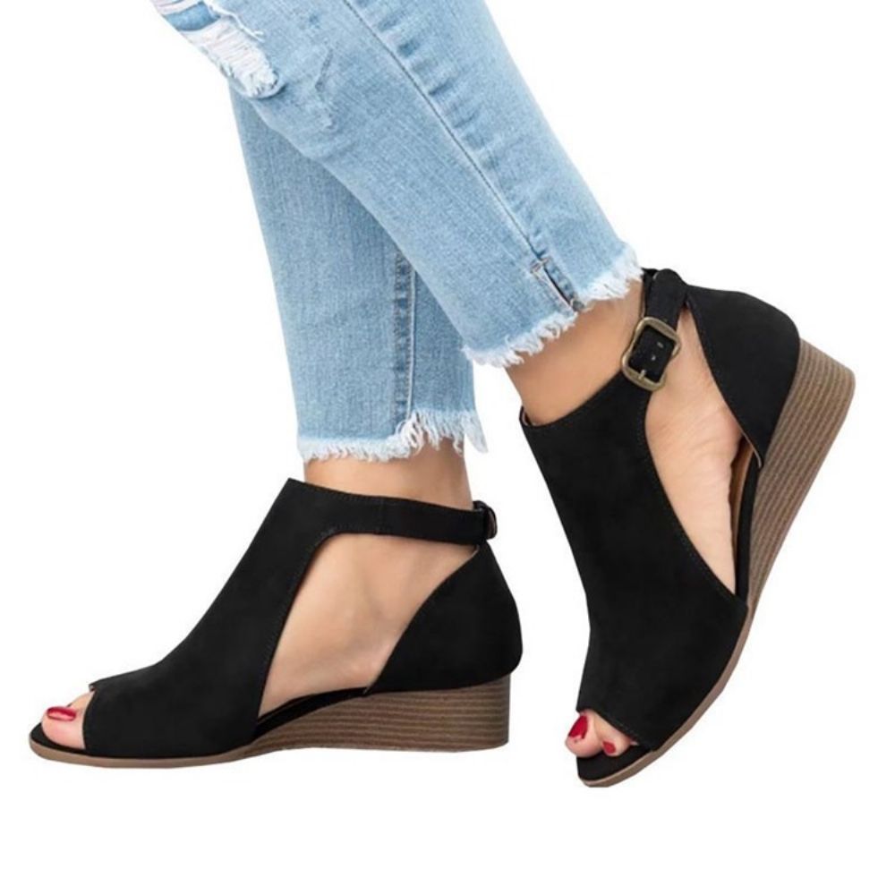 Sandálias Femininas Peep Toe Com Salto Em Cunha