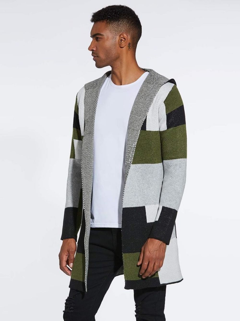 Camisolas Masculinas De Inverno Com Capuz Patchwork De Comprimento Médio Com Capuz