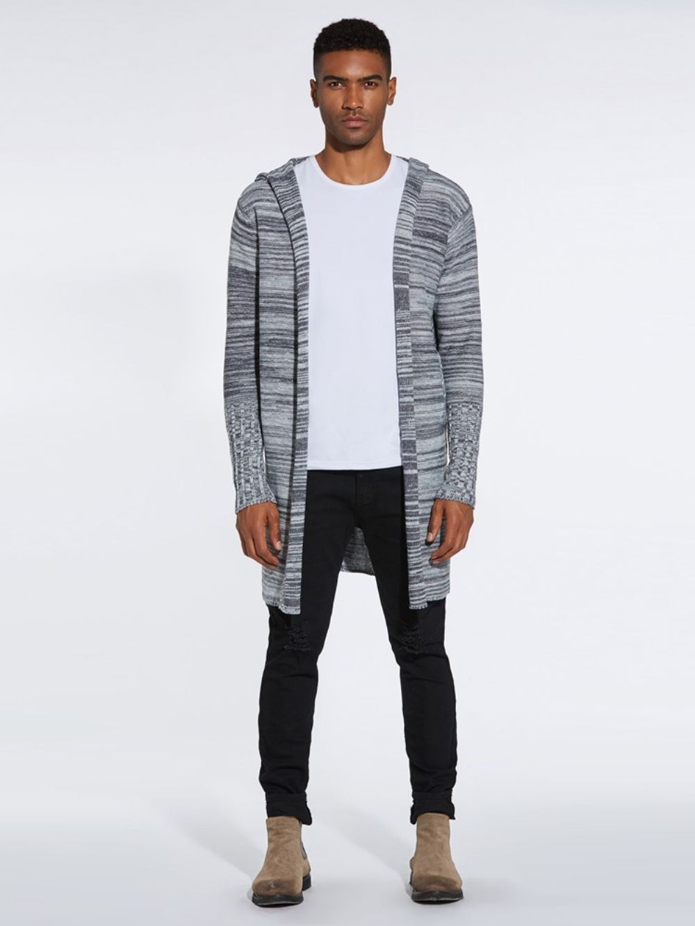 Suéteres Casuais Cardigan Masculino Com Capuz Color Block De Comprimento Médio