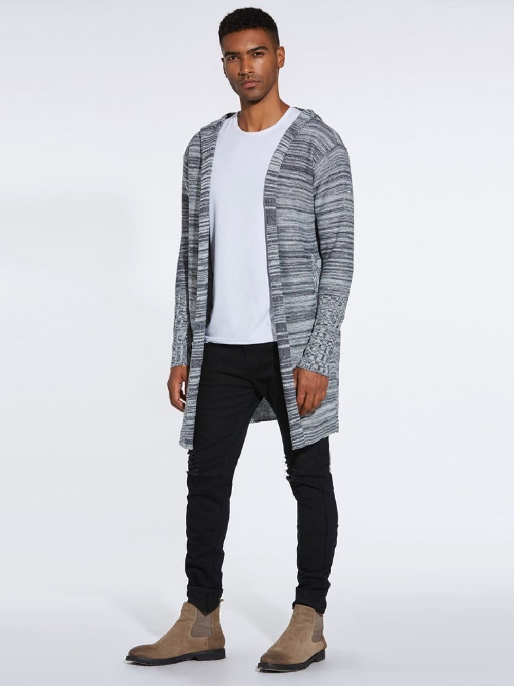 Suéteres Casuais Cardigan Masculino Com Capuz Color Block De Comprimento Médio