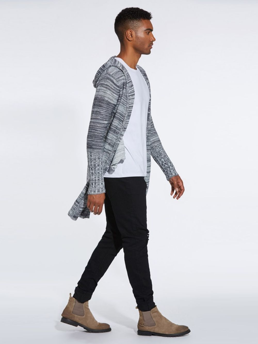 Suéteres Casuais Cardigan Masculino Com Capuz Color Block De Comprimento Médio