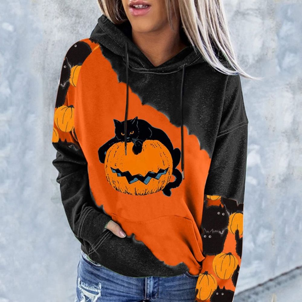 Moletom Com Capuz Manga Longa Estampado Halloween Color Block Manga Raglan