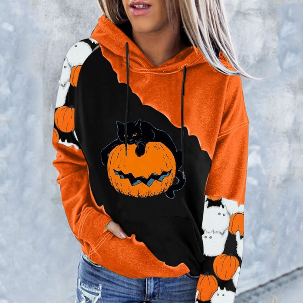 Moletom Com Capuz Manga Longa Estampado Halloween Color Block Manga Raglan