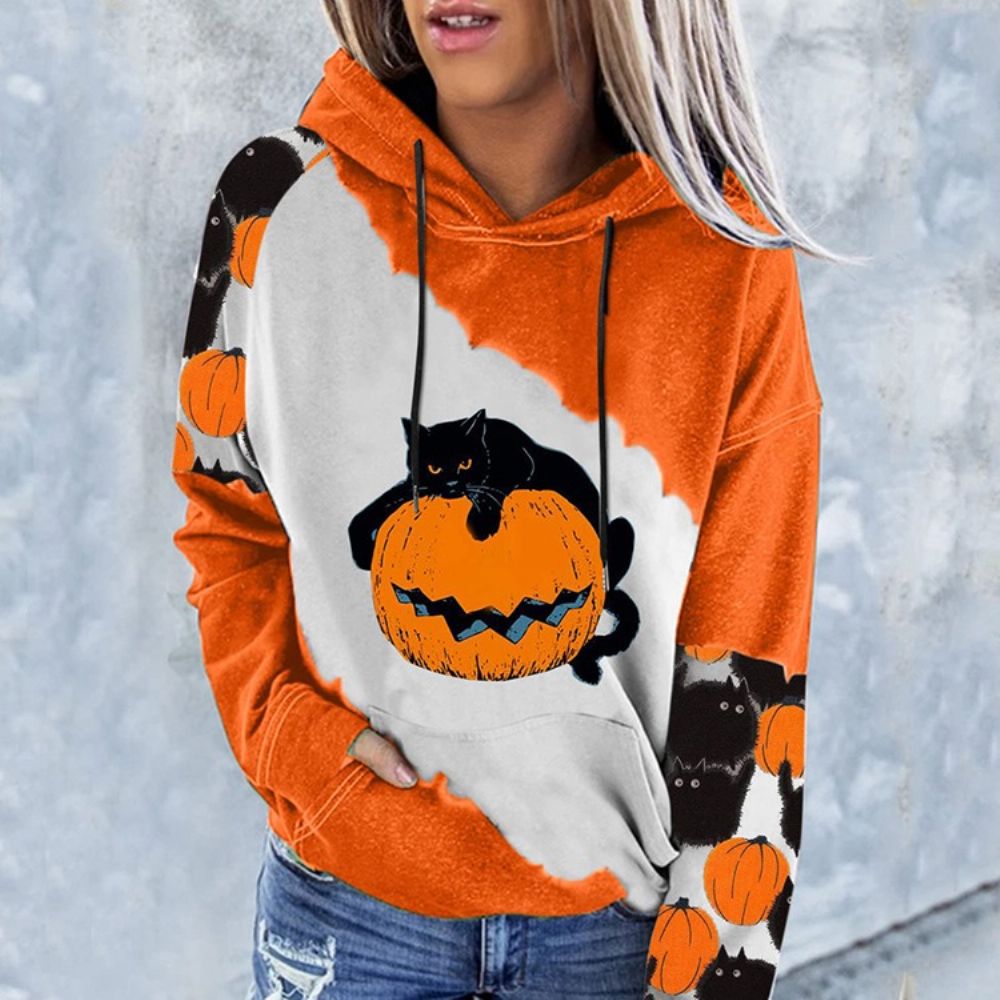 Moletom Com Capuz Manga Longa Estampado Halloween Color Block Manga Raglan