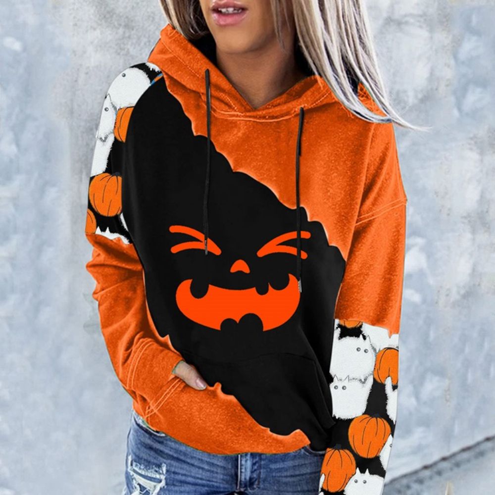 Moletom De Inverno Manga Longa Com Estampa De Bloco Colorido Halloween