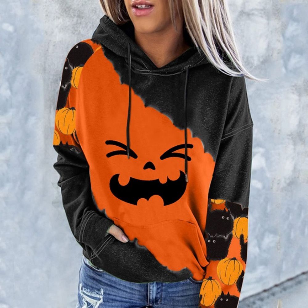 Moletom De Inverno Manga Longa Com Estampa De Bloco Colorido Halloween