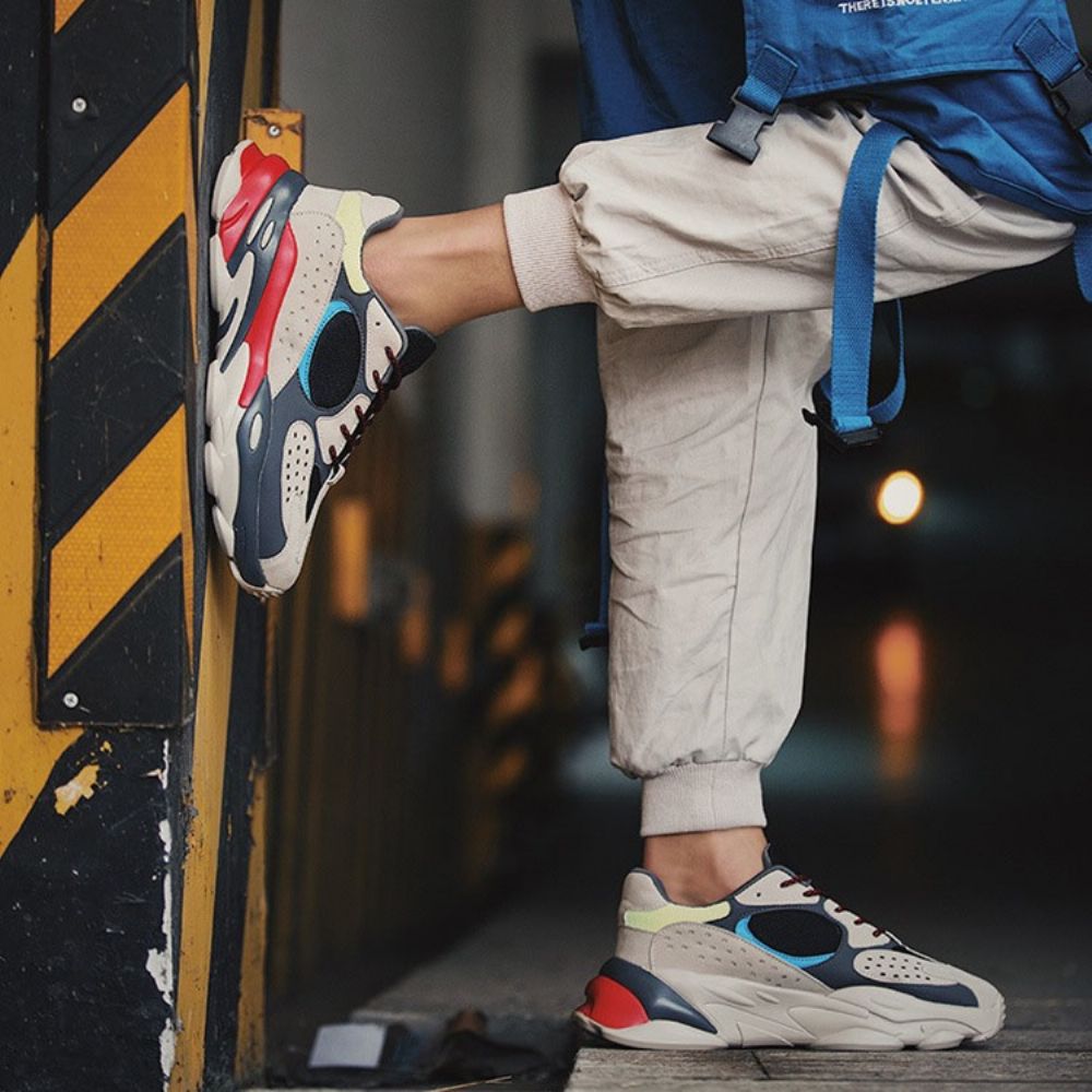 Tênis Masculino De Malha Color Block Bico Redondo Com Cadarço