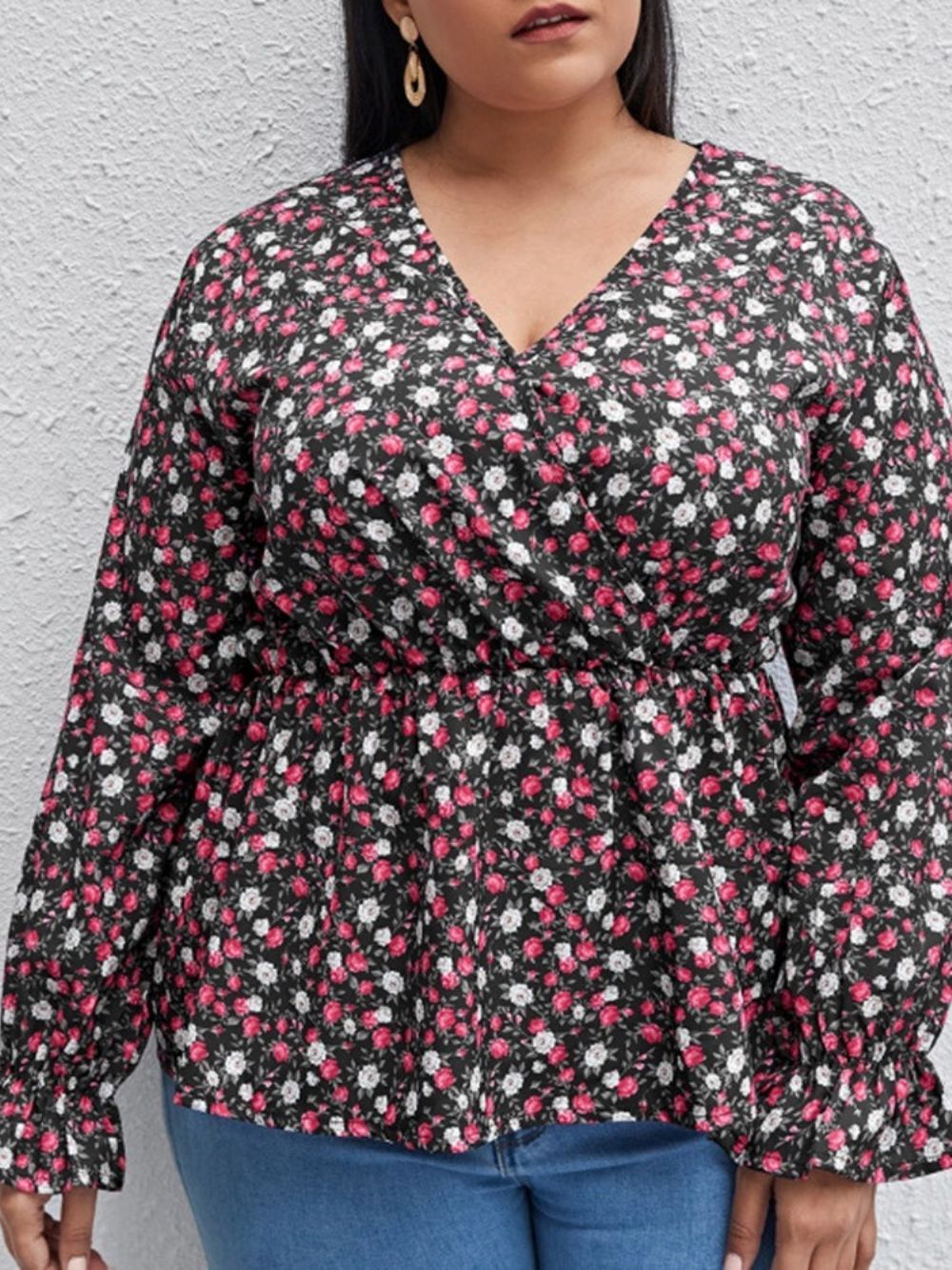 Blusa Feminina Estampada Floral Com Gola Em V Manga Longa Plus Size