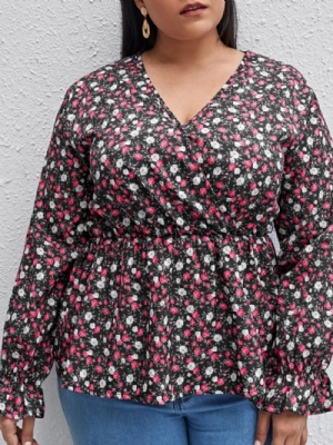 Blusa Feminina Estampada Floral Com Gola Em V Manga Longa Plus Size