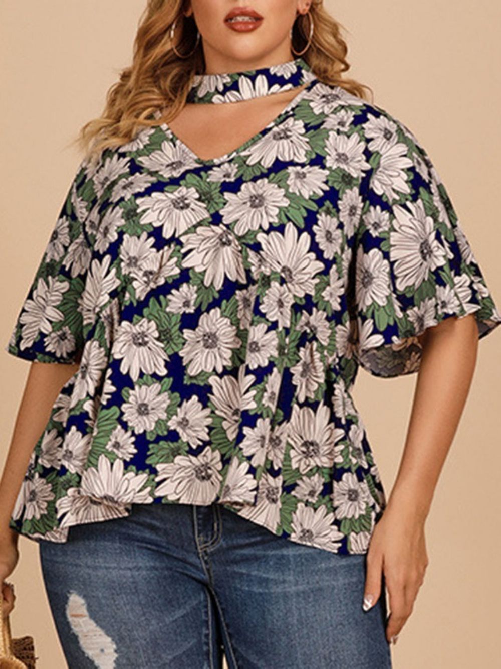 Blusa Feminina Floral Meia Manga Padrão Plus Size