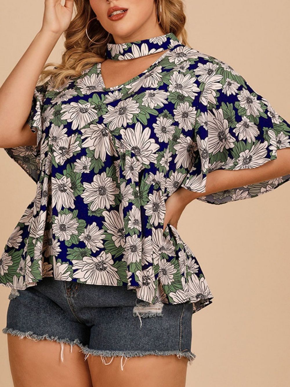 Blusa Feminina Floral Meia Manga Padrão Plus Size