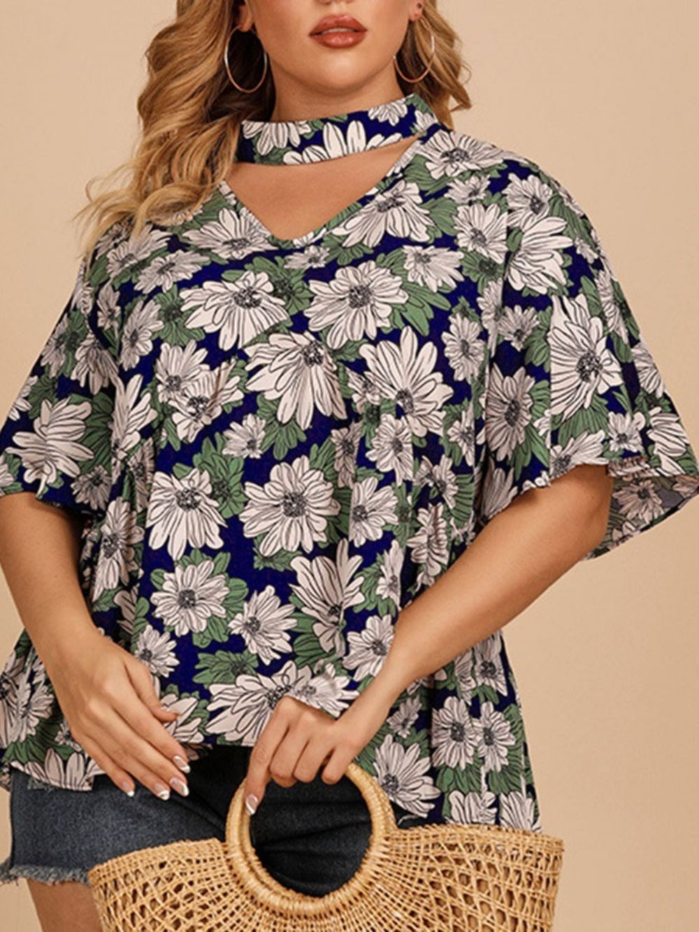 Blusa Feminina Floral Meia Manga Padrão Plus Size