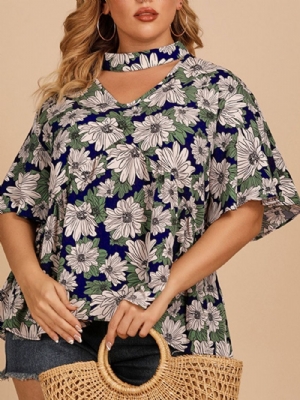 Blusa Feminina Floral Meia Manga Padrão Plus Size