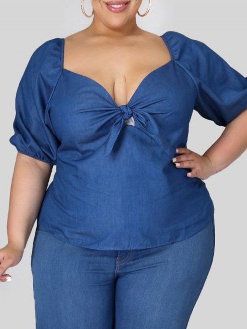 Blusa Feminina Gola Quadrada Lisa Manga Bufante Meia Manga Padrão Plus Size