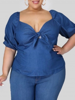 Blusa Feminina Gola Quadrada Lisa Manga Bufante Meia Manga Padrão Plus Size