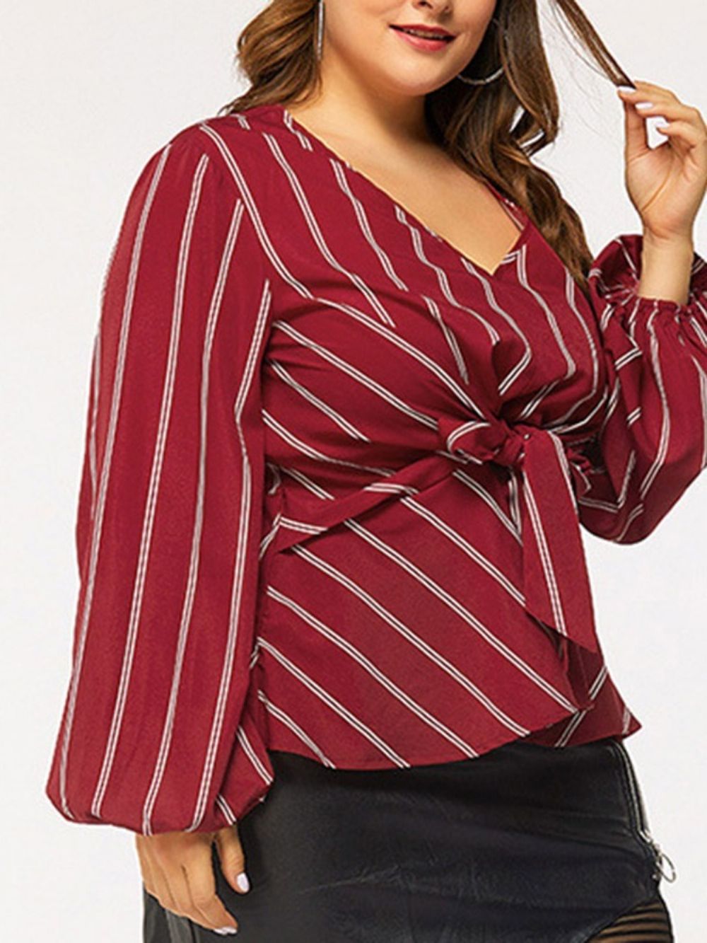 Blusa Feminina Padrão Manga Longa Listrada Gola V Com Gola Lanterna Plus Size