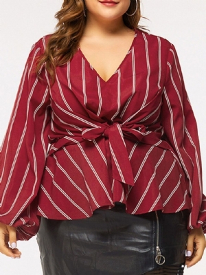 Blusa Feminina Padrão Manga Longa Listrada Gola V Com Gola Lanterna Plus Size