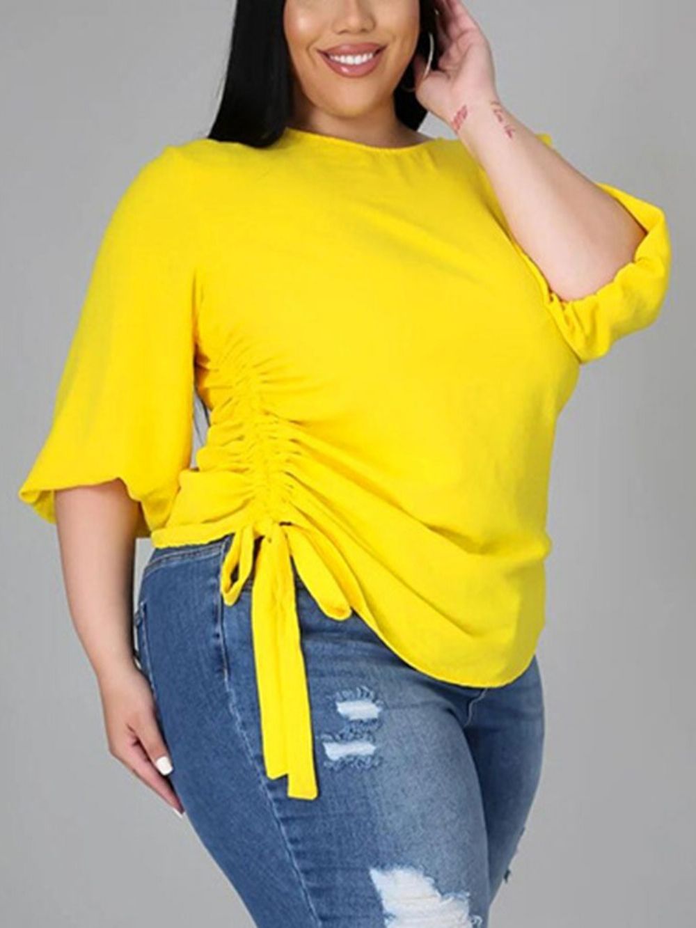 Blusa Feminina De Retalhos Gola Redonda Lisa Padrão Manga Nove Pontos Plus Size