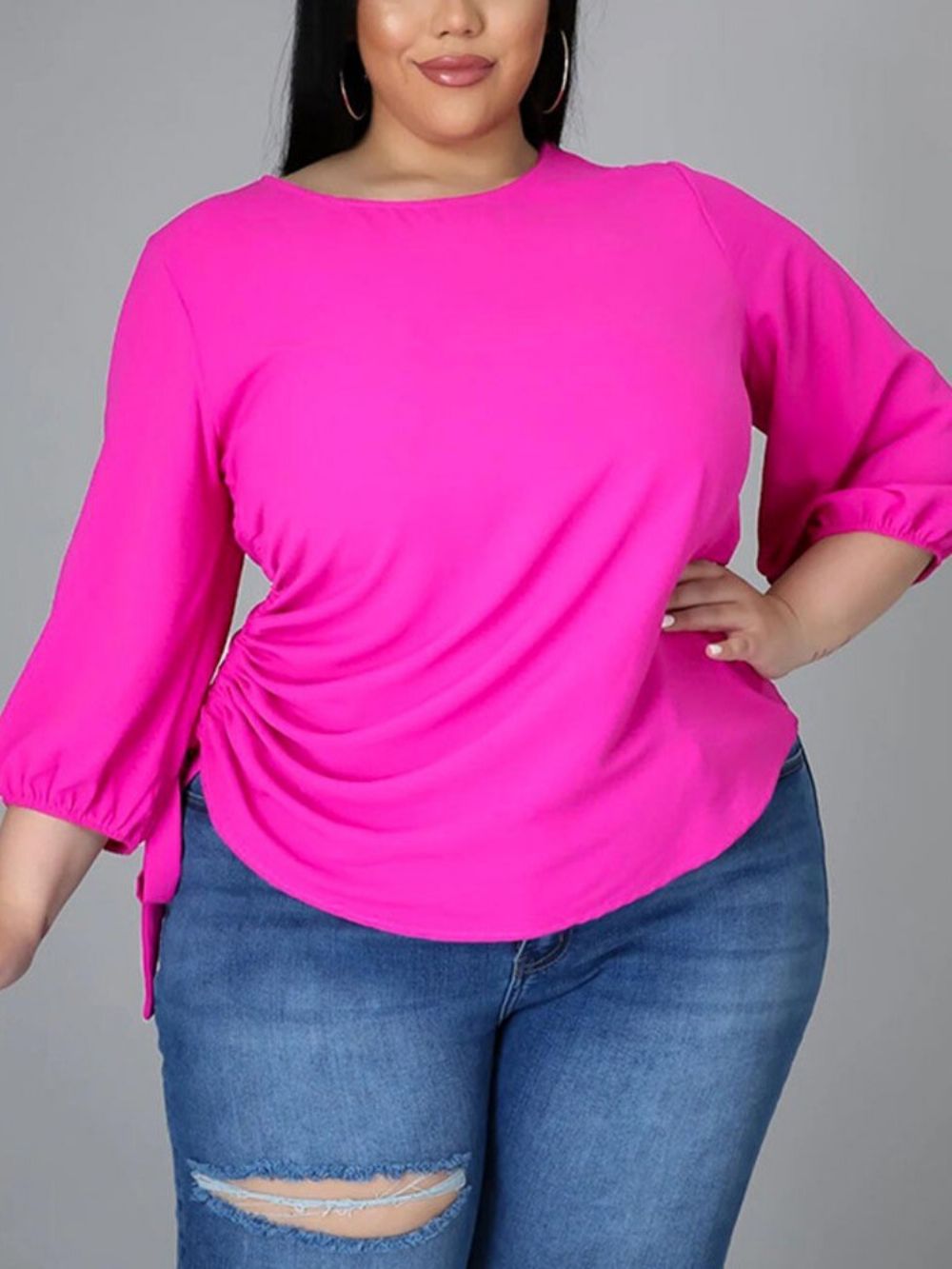 Blusa Feminina De Retalhos Gola Redonda Lisa Padrão Manga Nove Pontos Plus Size