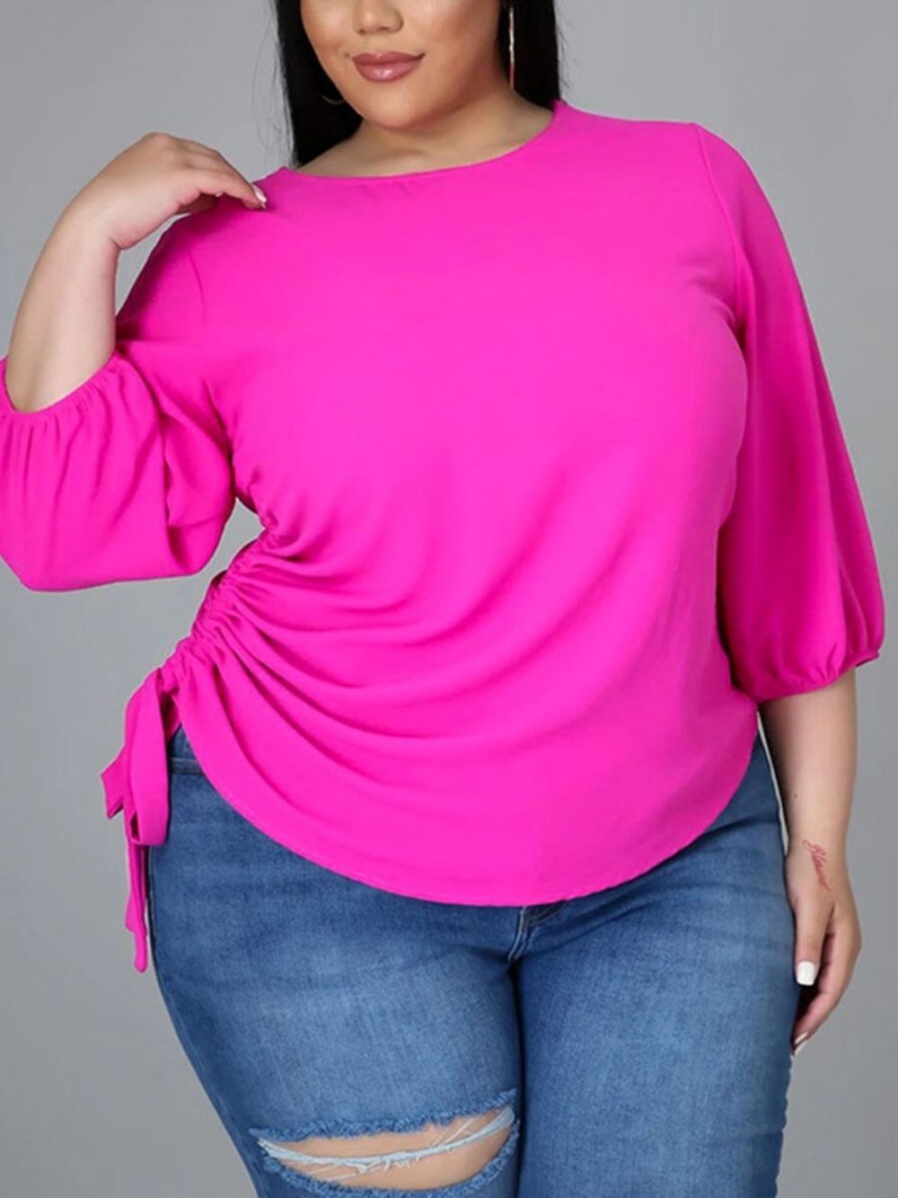 Blusa Feminina De Retalhos Gola Redonda Lisa Padrão Manga Nove Pontos Plus Size