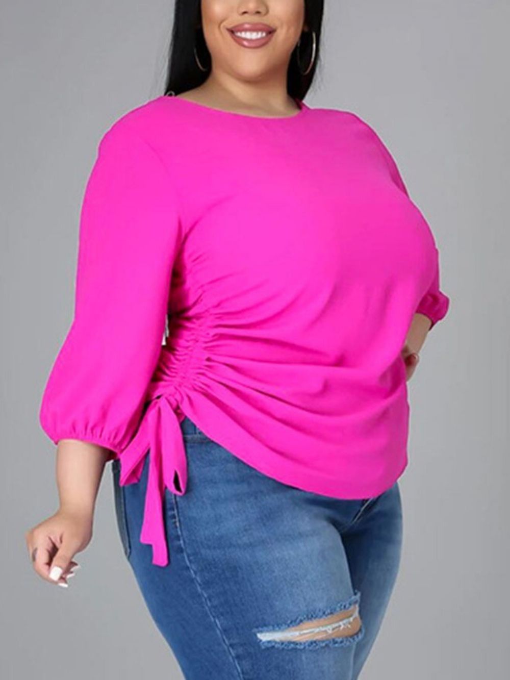 Blusa Feminina De Retalhos Gola Redonda Lisa Padrão Manga Nove Pontos Plus Size