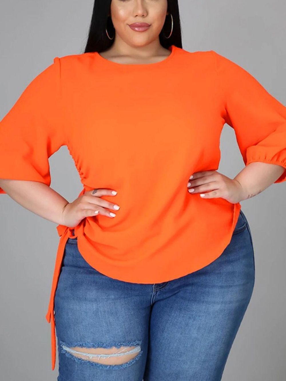 Blusa Feminina De Retalhos Gola Redonda Lisa Padrão Manga Nove Pontos Plus Size