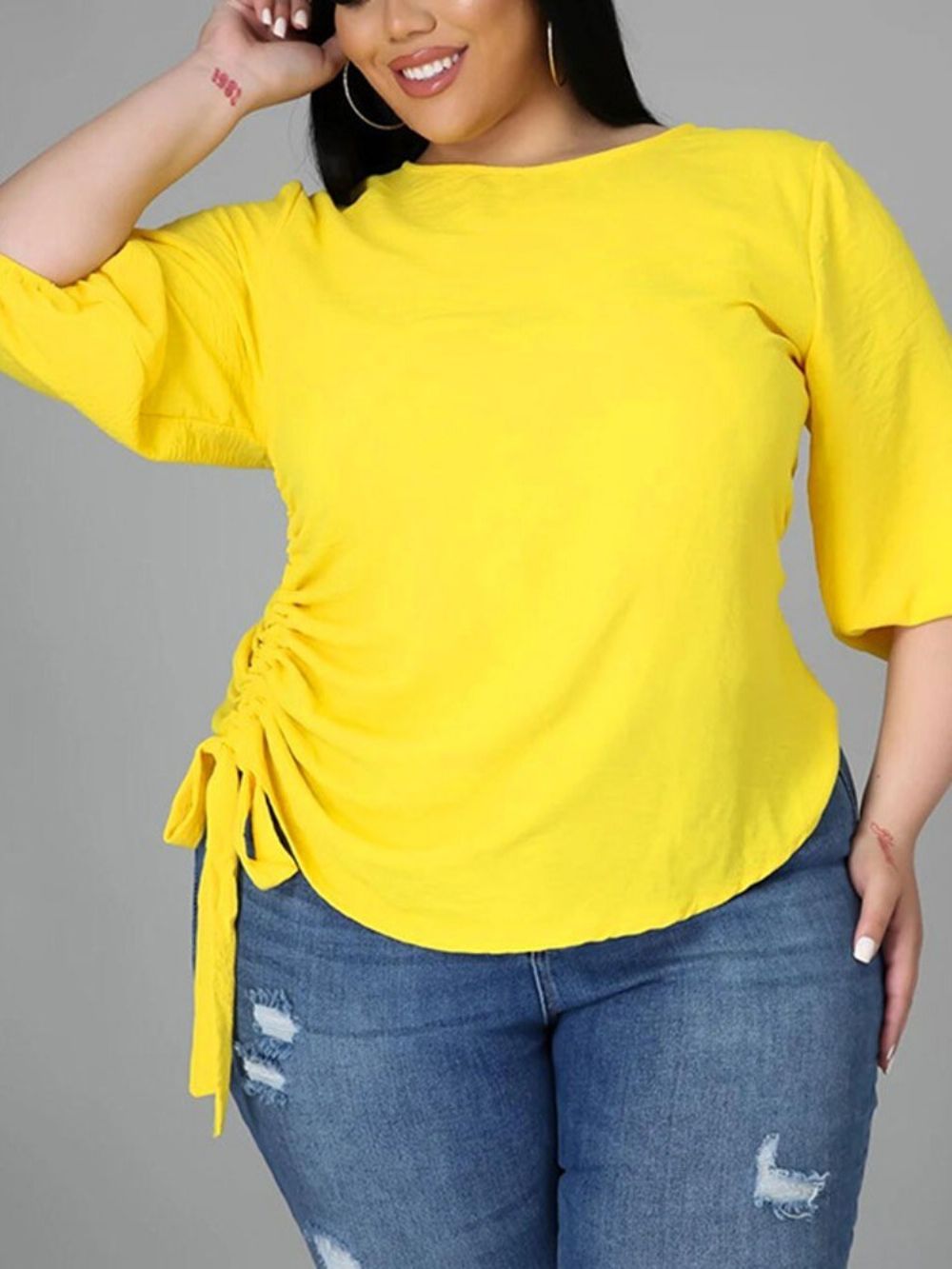 Blusa Feminina De Retalhos Gola Redonda Lisa Padrão Manga Nove Pontos Plus Size