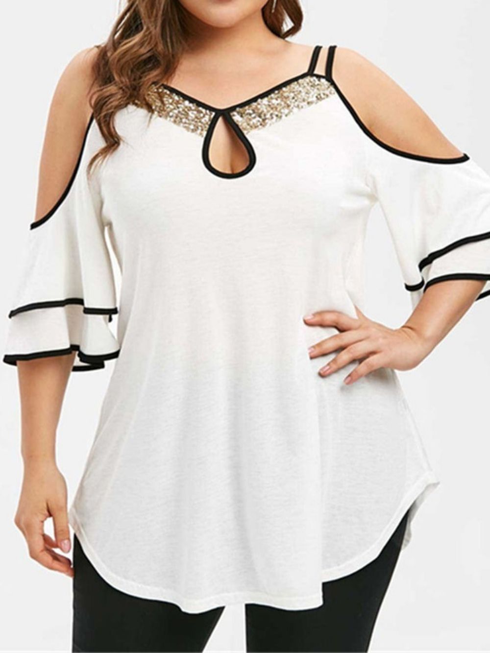 Blusa De Lantejoulas Com Manga Plissada E Lantejoulas Tamanho Grande