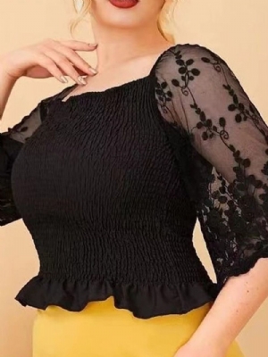 Blusa Padrão De Renda Simples Decote Quadrado Manga Três Quartos