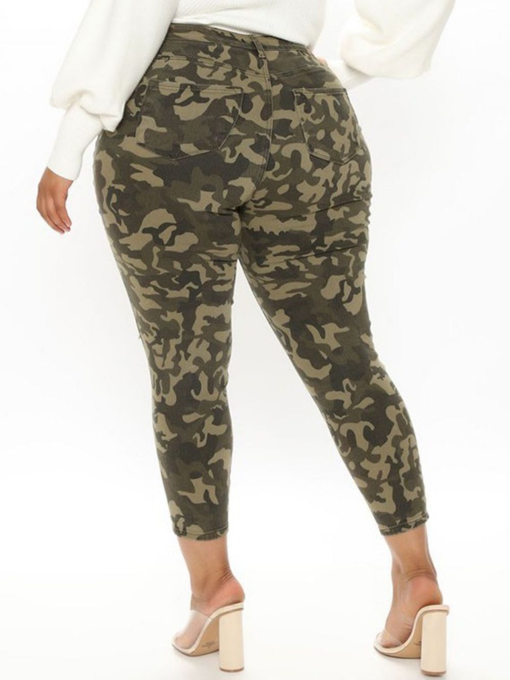 Calças Skinny Hole Camuflagem Lápis Até O Tornozelo Calças Femininas Tamanho Grande