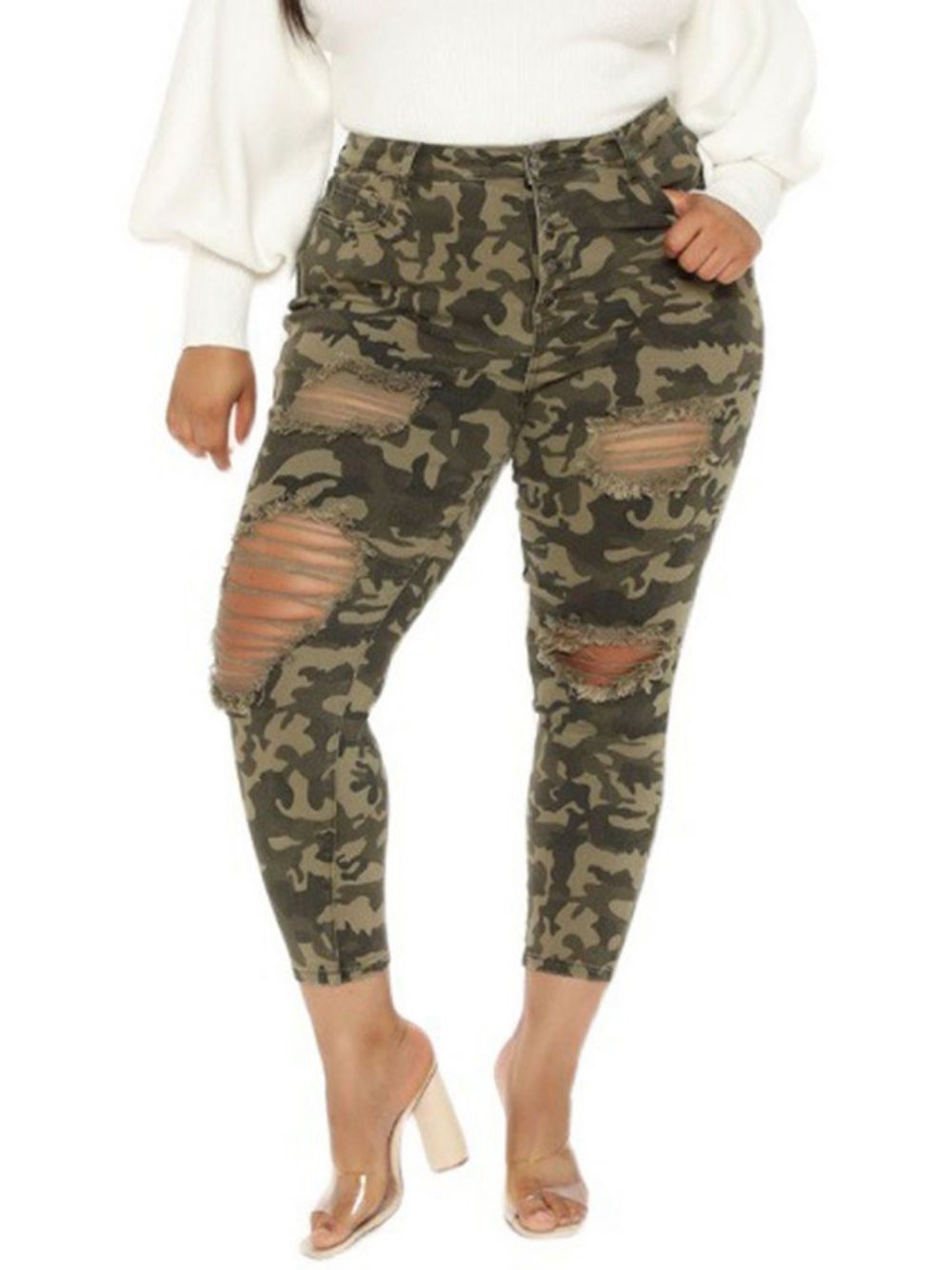 Calças Skinny Hole Camuflagem Lápis Até O Tornozelo Calças Femininas Tamanho Grande