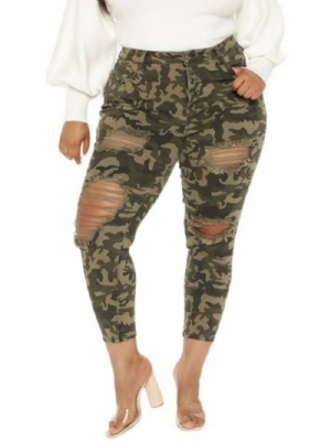 Calças Skinny Hole Camuflagem Lápis Até O Tornozelo Calças Femininas Tamanho Grande