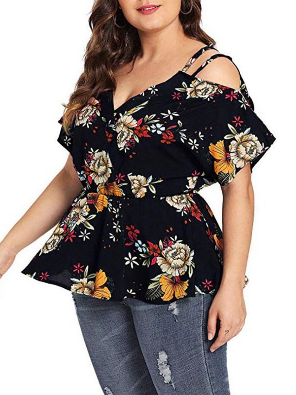 Camiseta Feminina Com Decote Em V Padrão Floral Padrão Plus Size