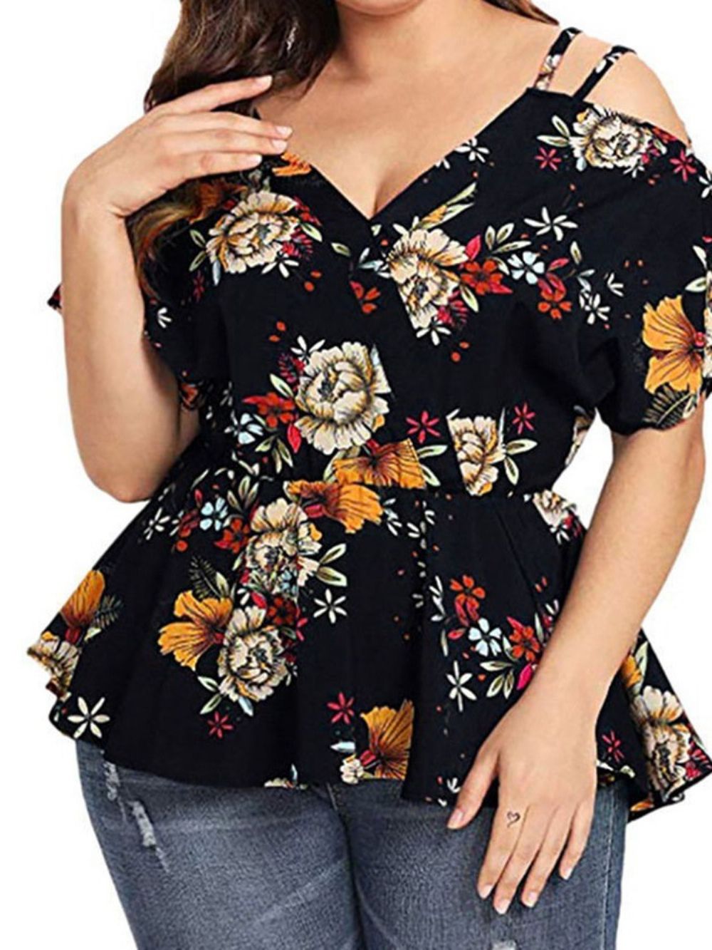 Camiseta Feminina Com Decote Em V Padrão Floral Padrão Plus Size