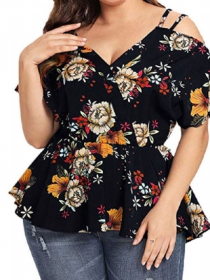 Camiseta Feminina Com Decote Em V Padrão Floral Padrão Plus Size