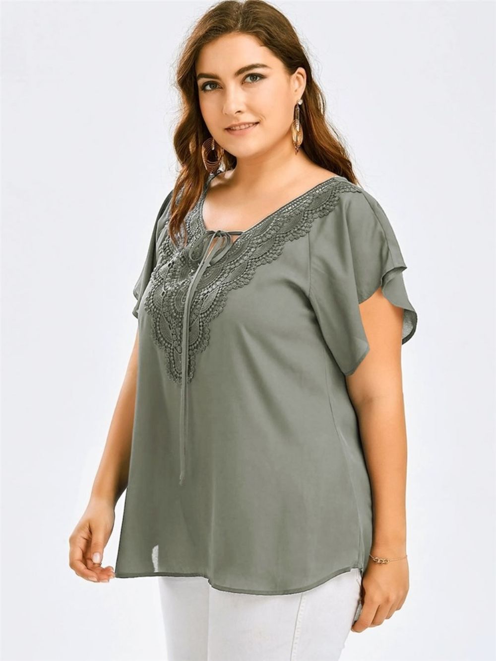 Camiseta Plus Size De Renda Patchwork Com Cadarço