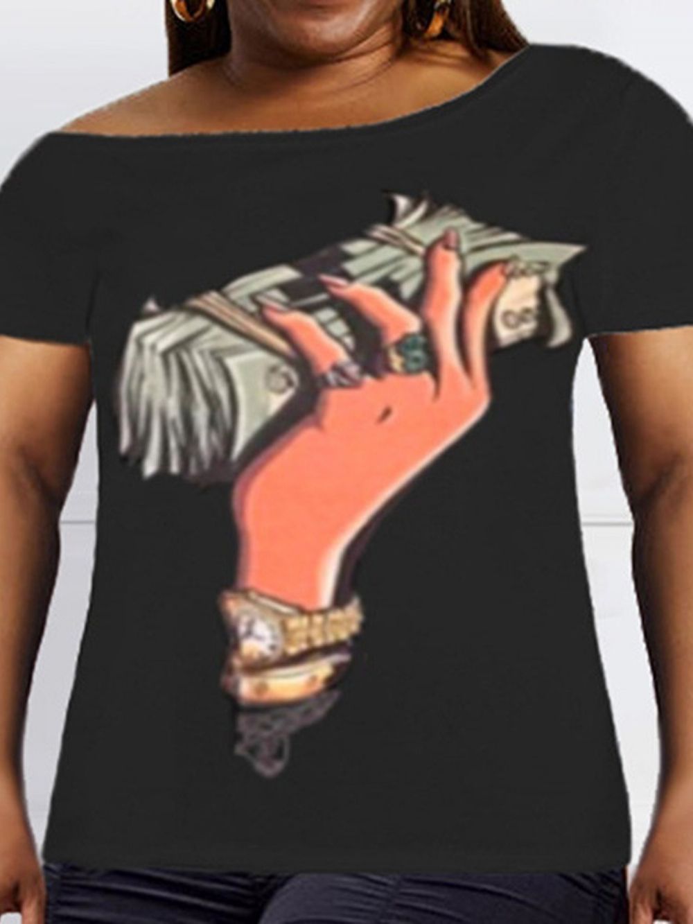 Camiseta Plus Size Tamanho Médio Pintada À Mão Manga Curta Slim Casual