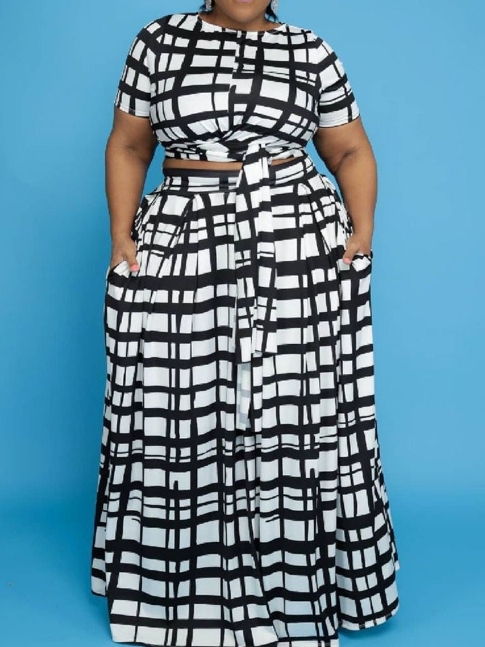 Conjuntos De Camisa Xadrez Estampada De Duas Peças Conjunto De Vestido Feminino Plus Size