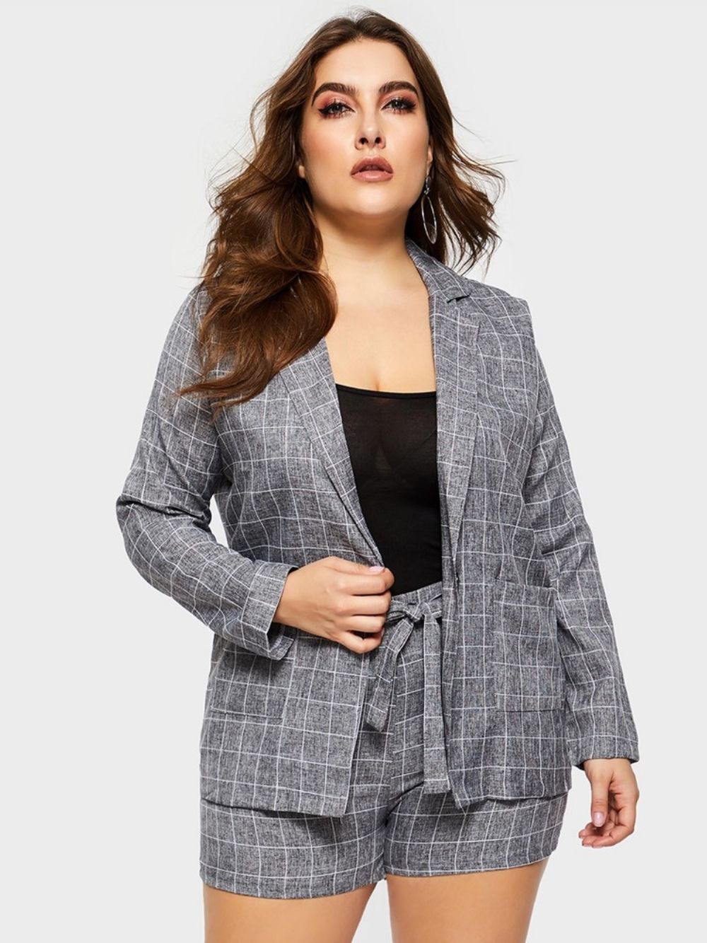 Conjuntos Casuais De Casaco E Shorts Plus Size Xadrez Com Cadarço Pernas Largas