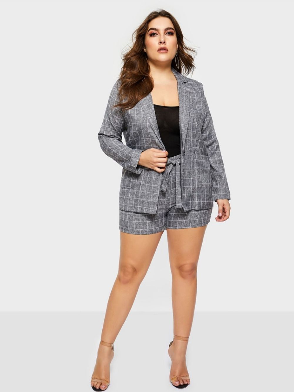 Conjuntos Casuais De Casaco E Shorts Plus Size Xadrez Com Cadarço Pernas Largas