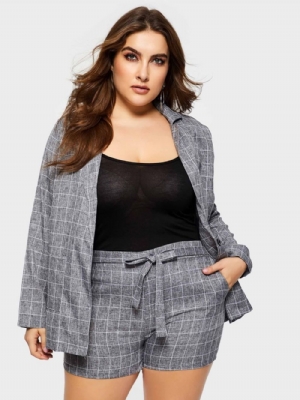 Conjuntos Casuais De Casaco E Shorts Plus Size Xadrez Com Cadarço Pernas Largas