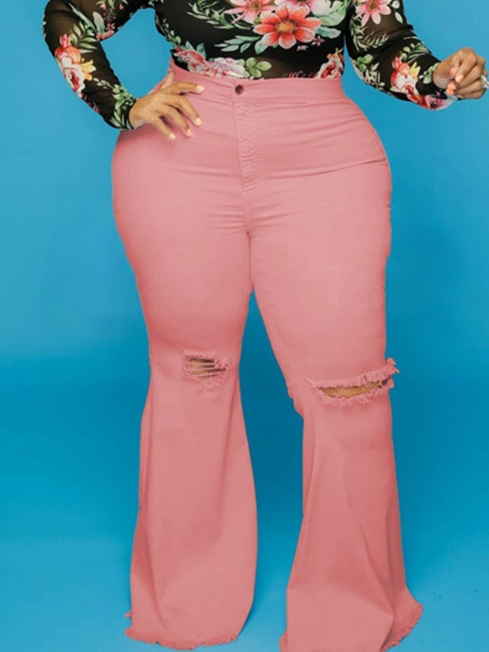 Jeans Bellbottoms Hole Lisa Cintura Média Com Zíper